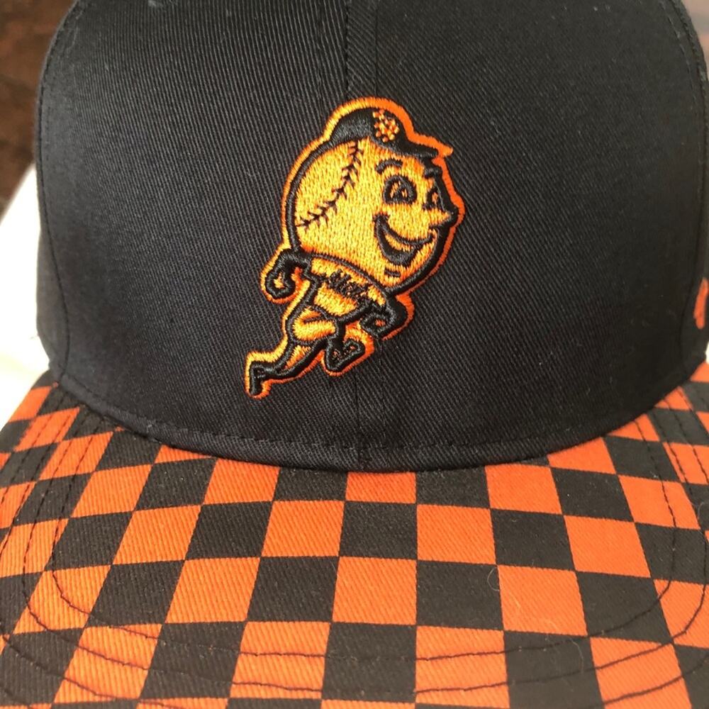 Mr Met New York Mets Hat Youth Snapback 47 Brand Black Orange Checkerboard Brim
